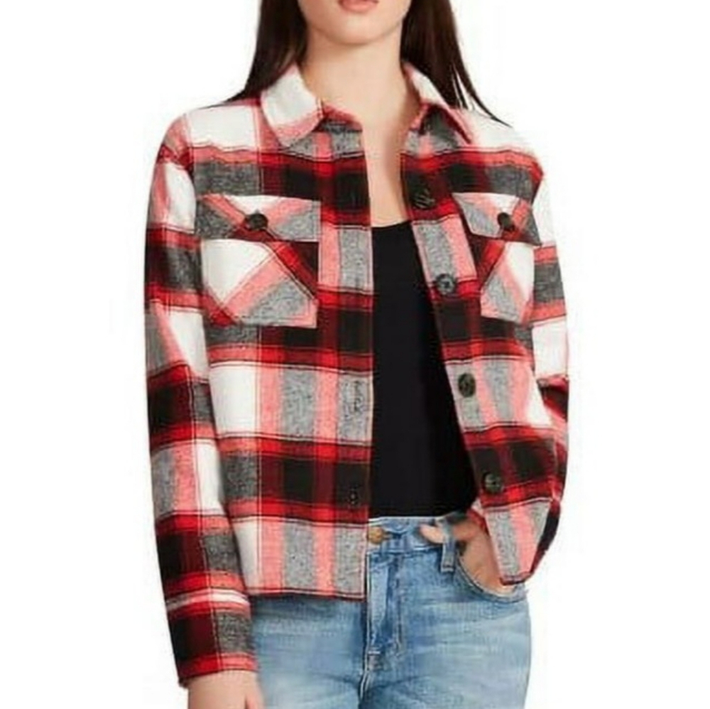 BB Dakota by Steve Madden Plaid Boxy Flannel Shacket Women's Sz Lg Red Black